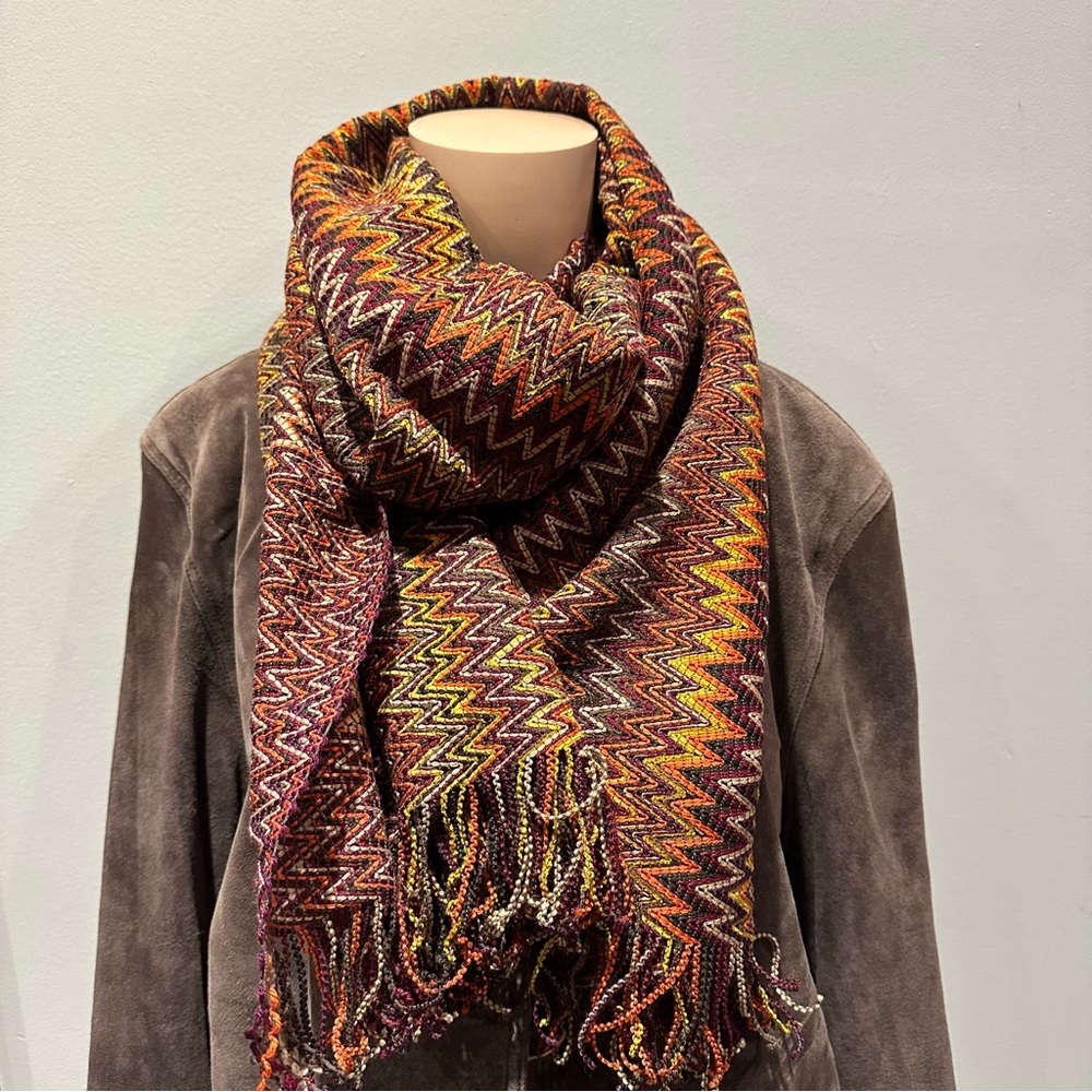 Missoni Zigzag Wool Blend Scarf in a multi color Brown orange and yellow pattern - Picture 3 of 6